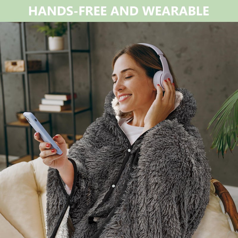 Happy Fuel Dark Grey Wearable Throw Blanket Hoodie for Women- Thick Cozy 52"X60" Sherpa Fleece Shaggy Decor for Couch, Bed & Sofa - Soft Fuzzy Faux Fur Hooded Gray Throw Blankets for Adults - Image 2
